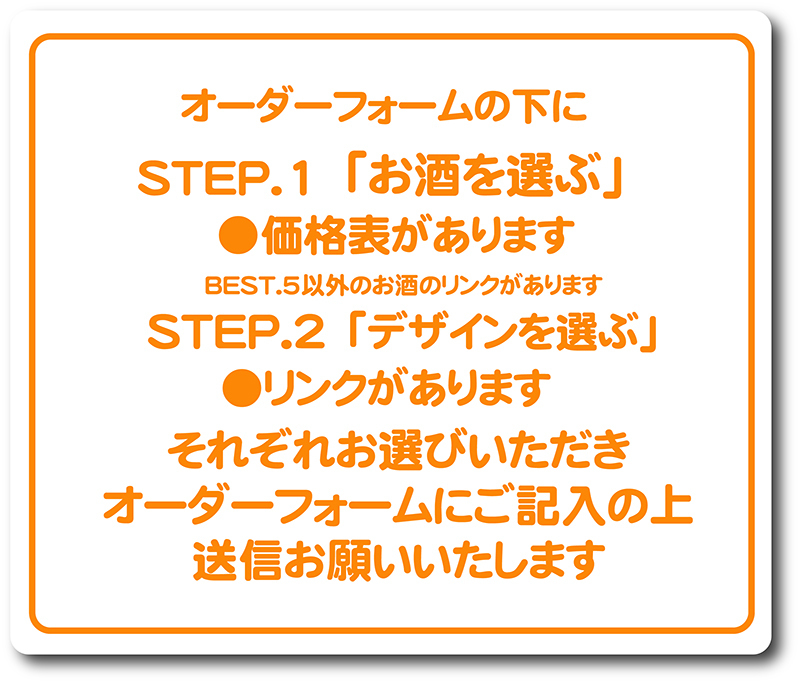 オーダー手順｜STEP①お酒を選ぶ｜STEP②デザインを選ぶ｜説明